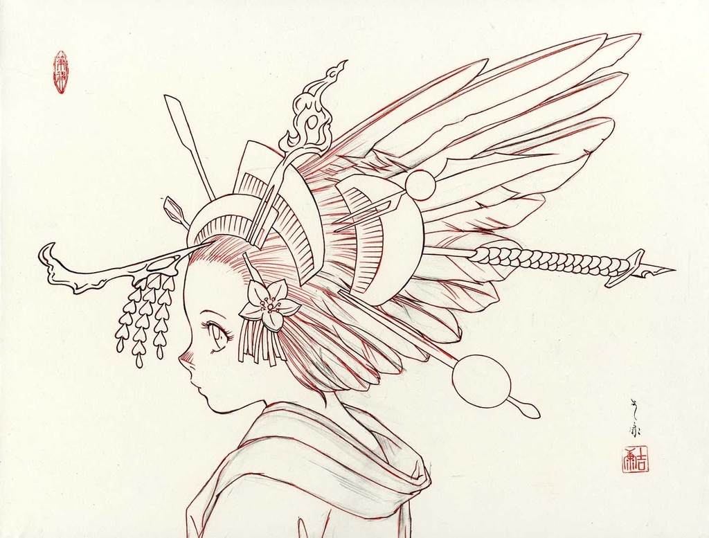 絵画「花簪」のための大下図 鉛筆・ボールペン線画直筆素描 オリジナル1点