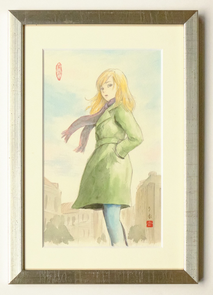 ポーランドにおける女性習作スケッチ 水彩画直筆素描 オリジナル1点