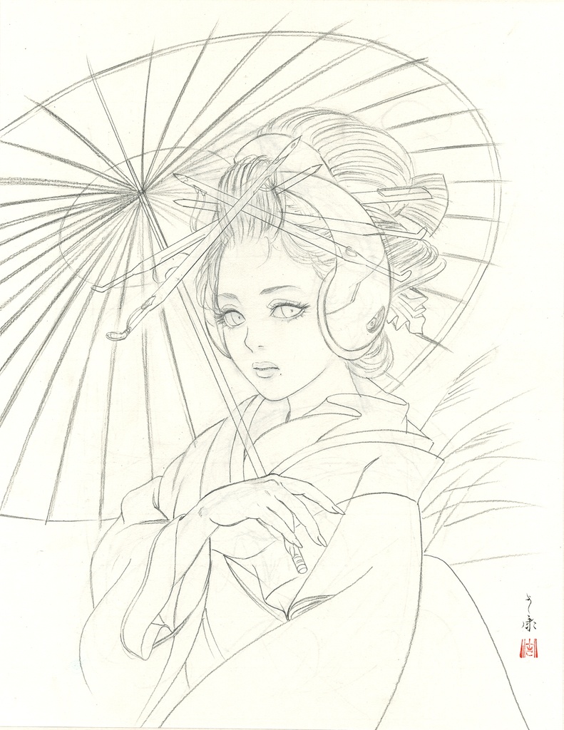 絵画「九相図 第一段 生前相」のための下絵 鉛筆線画直筆素描 オリジナル1点