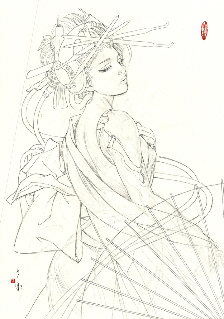 絵画「九相図 第二段 露見相」のための下絵 鉛筆線画直筆素描 オリジナル1点