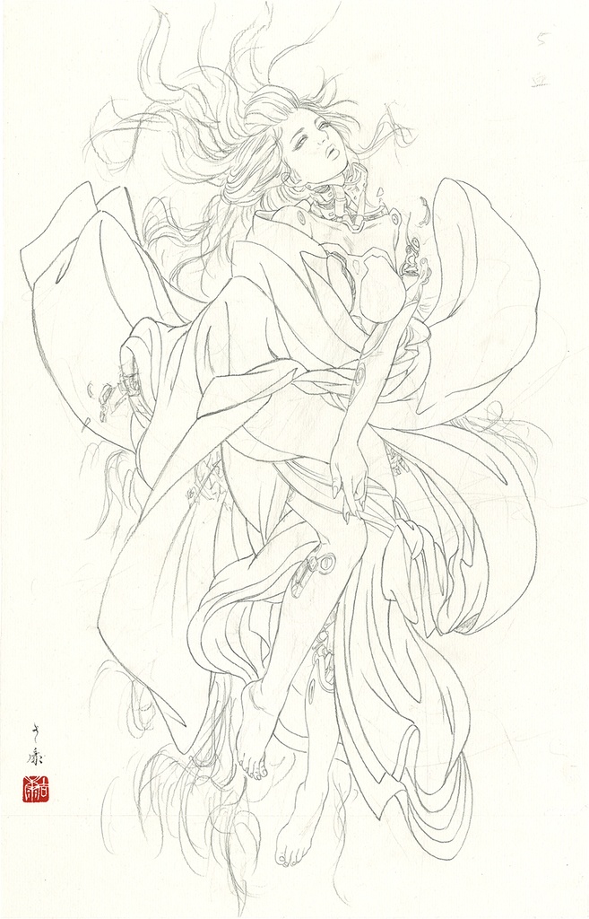 絵画「九相図 第五段 血塗相」のための下絵 鉛筆線画直筆素描 オリジナル1点