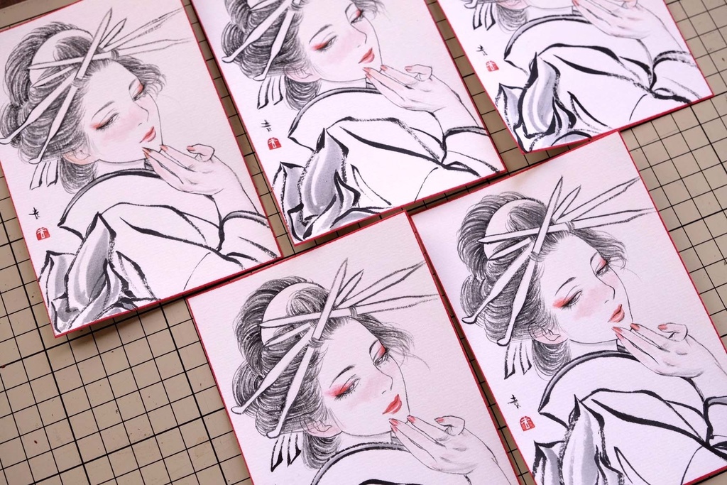 5枚限定 越前画仙紙葉書に墨・水彩で手描きの年賀状 令和漆(七)年 額装無し