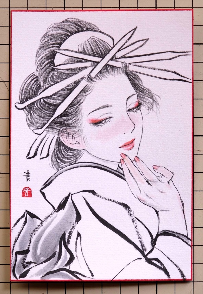 5枚限定 越前画仙紙葉書に墨・水彩で手描きの年賀状 令和漆(七)年 額装無し