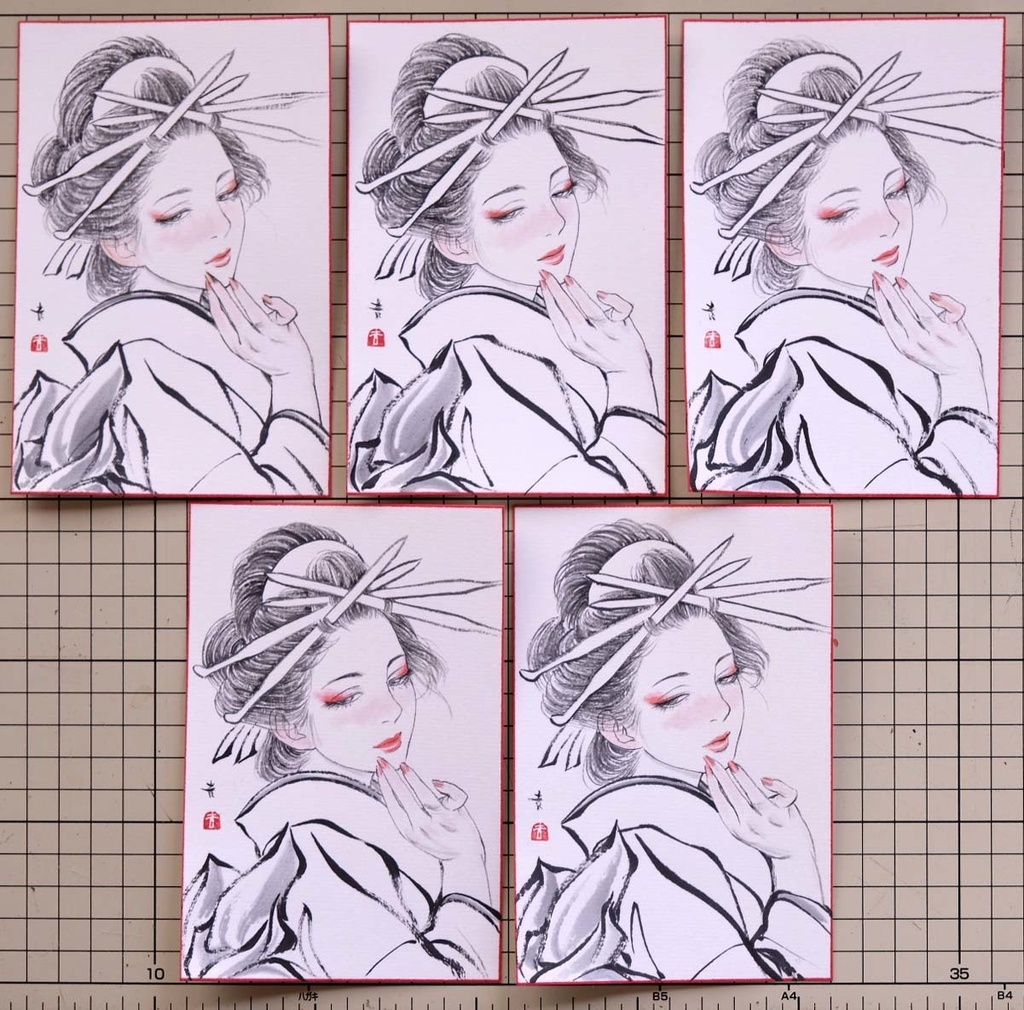 5枚限定 越前画仙紙葉書に墨・水彩で手描きの年賀状 令和漆(七)年 額装無し