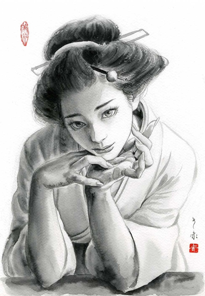 墨絵「まなざし」 水墨画直筆素描 オリジナル1点 モデル:ツナマヨさん Ink Painting “Gaze” – Original Sumi-e Drawing (One-of-a-kind) – Model: Tsunamayo 수묵화 「시선」 – 수묵 드로잉 원화 (단 한 점) – 모델: 츠나마요