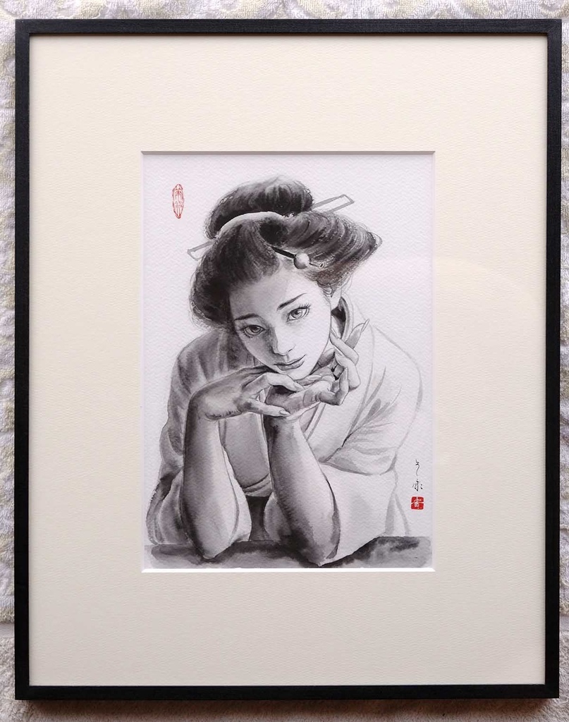 墨絵「まなざし」　水墨画直筆素描　オリジナル１点　モデル：ツナマヨさん　Ink Painting “Gaze” – Original Sumi-e Drawing (One-of-a-kind) – Model: Tsunamayo　수묵화 「시선」 – 수묵 드로잉 원화 (단 한 점) – 모델: 츠나마요
