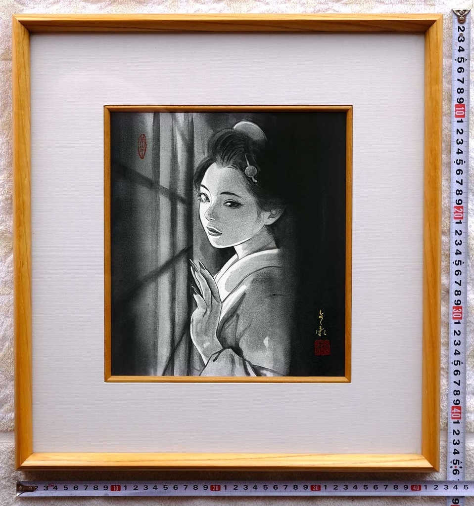 墨絵「窓辺」　水墨画直筆素描　オリジナル１点　モデル：ツナマヨさん　Ink Painting “By the Window” – Original Sumi-e Drawing (One-of-a-kind) – Model: Tsunamayo　수묵화 「창가」 – 수묵 드로잉 원화 (단 한 점) – 모델: 츠나마요