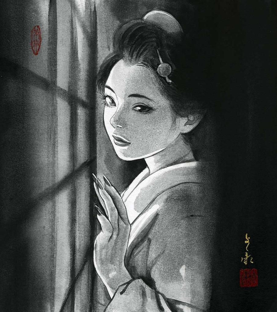 墨絵「窓辺」 水墨画直筆素描 オリジナル1点 モデル:ツナマヨさん Ink Painting “By the Window” – Original Sumi-e Drawing (One-of-a-kind) – Model: Tsunamayo 수묵화 「창가」 – 수묵 드로잉 원화 (단 한 점) – 모델: 츠나마요