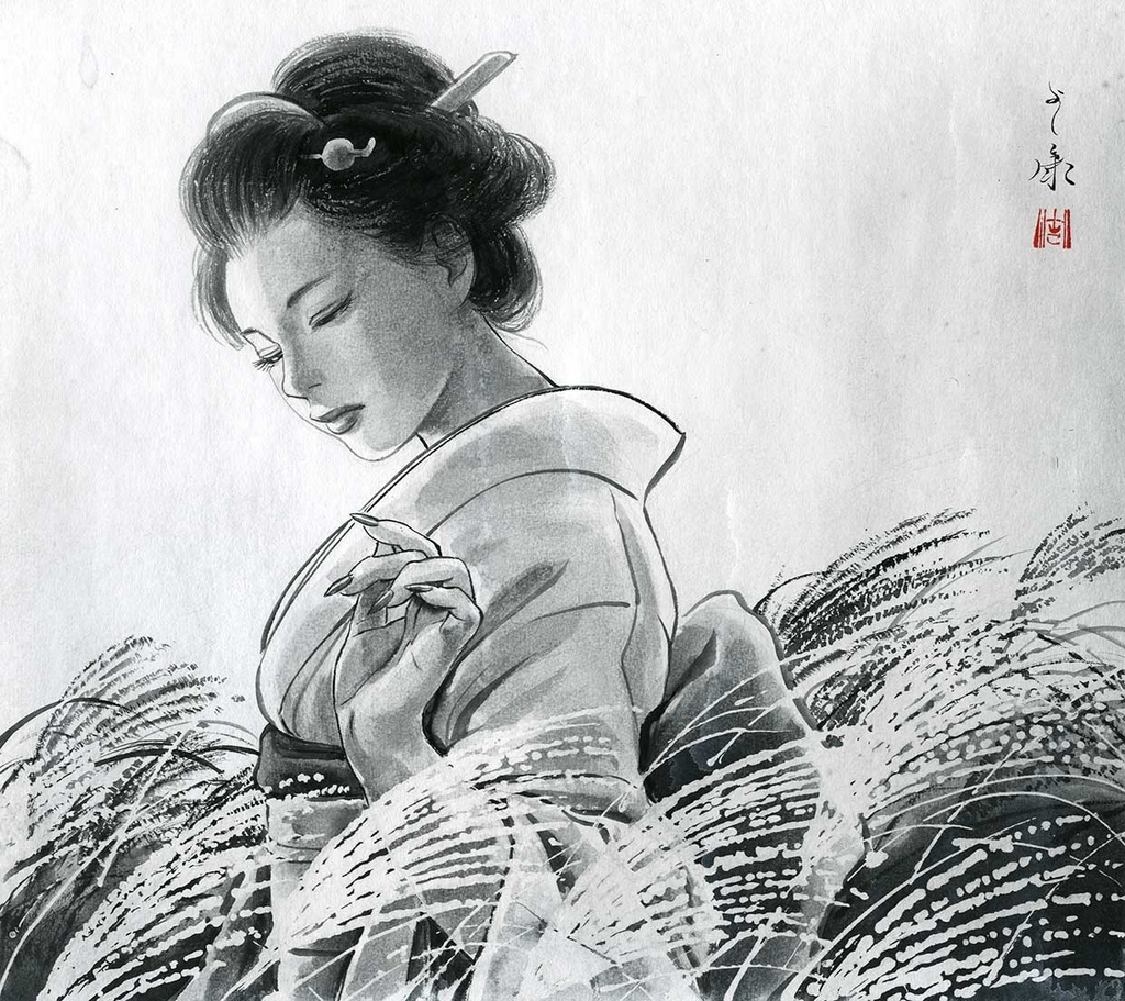 墨絵「秋薫」 水墨画直筆素描 オリジナル1点 モデル:ツナマヨさん Ink Painting “Autumn Scent” – Original Sumi-e Drawing (One-of-a-kind) – Model: Tsunamayo 수묵화 「가을 향기」 – 수묵 드로잉 원화 (단 한 점) – 모델: 츠나마요