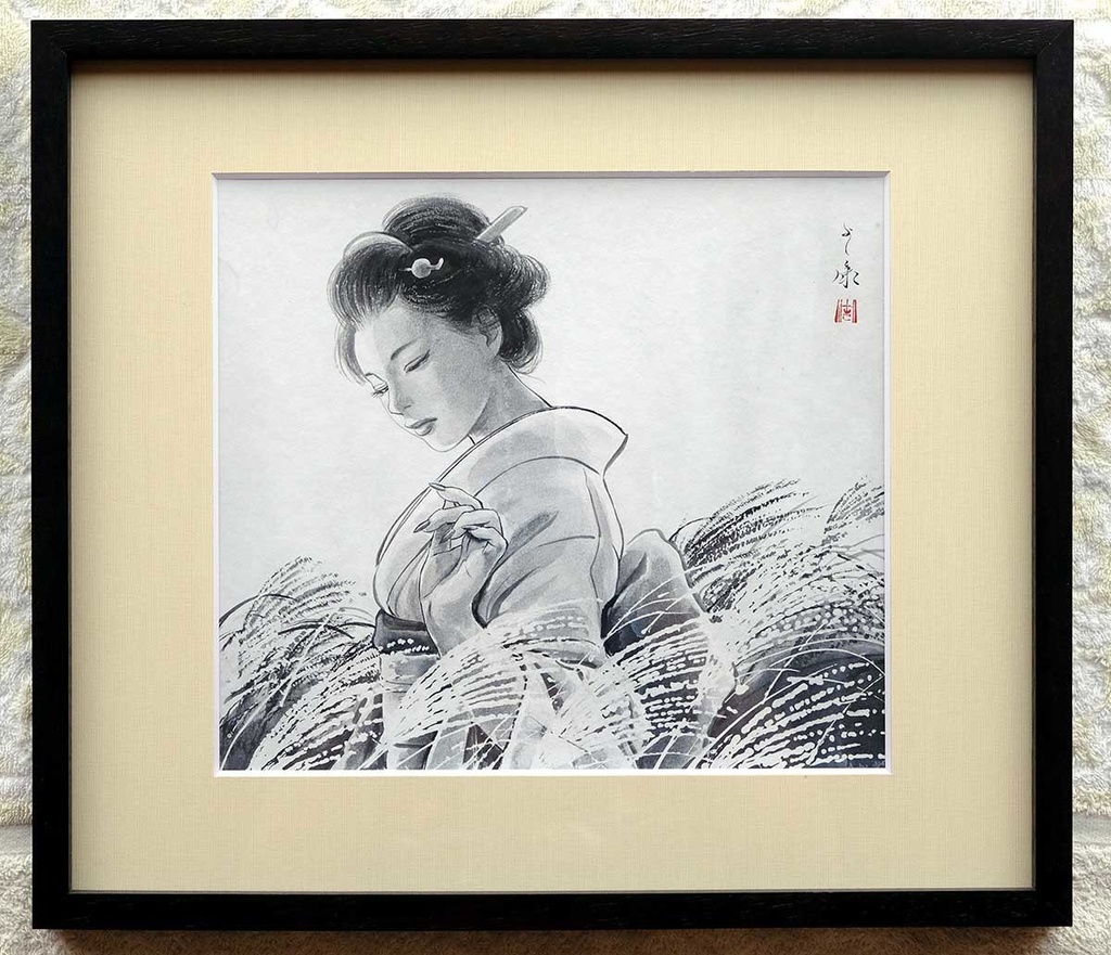 墨絵「秋薫」　水墨画直筆素描　オリジナル１点　モデル：ツナマヨさん　Ink Painting “Autumn Scent” – Original Sumi-e Drawing (One-of-a-kind) – Model: Tsunamayo　수묵화 「가을 향기」 – 수묵 드로잉 원화 (단 한 점) – 모델: 츠나마요