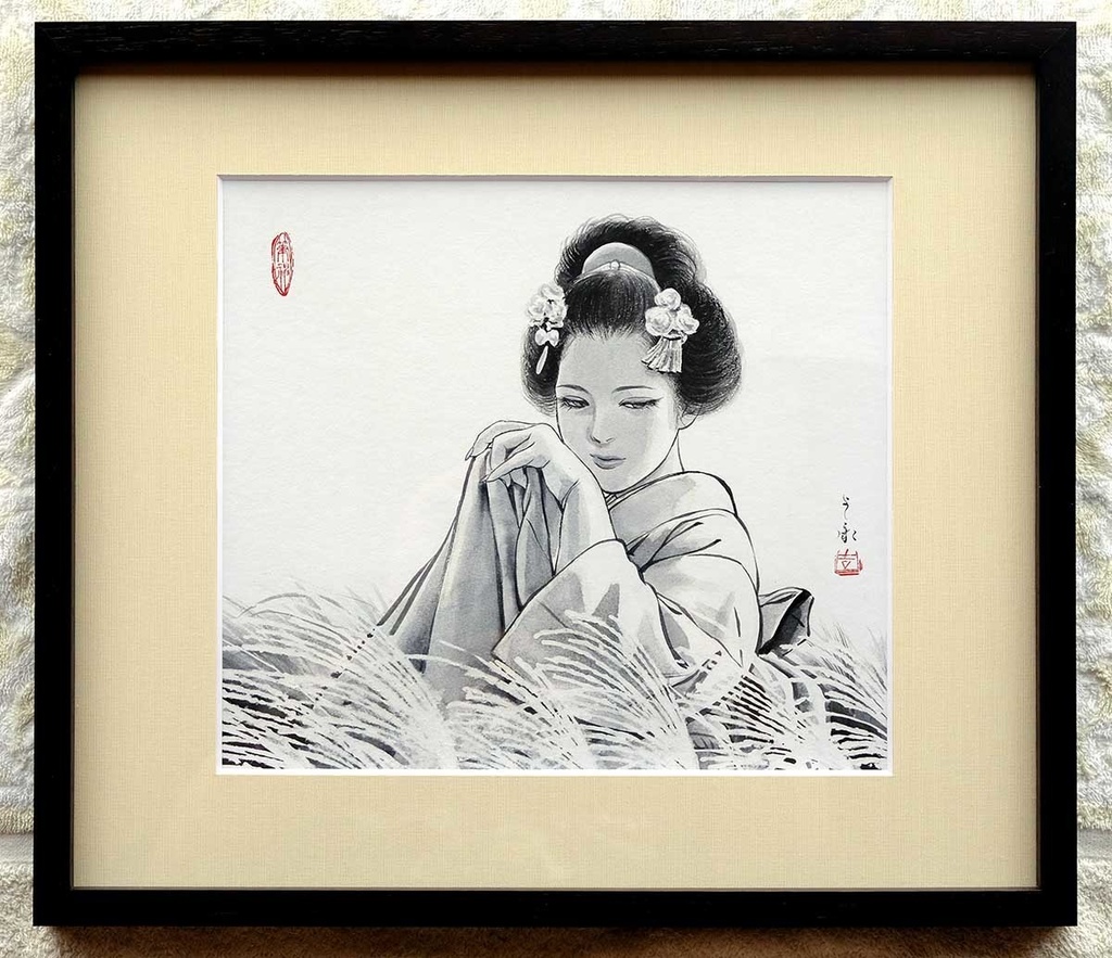 墨絵「秋風」　水墨画直筆素描　オリジナル１点　Ink Painting “Autumn Breeze” – Original Sumi-e Drawing (One-of-a-kind)　수묵화 「가을 바람」 – 수묵 드로잉 원화 (단 한 점)