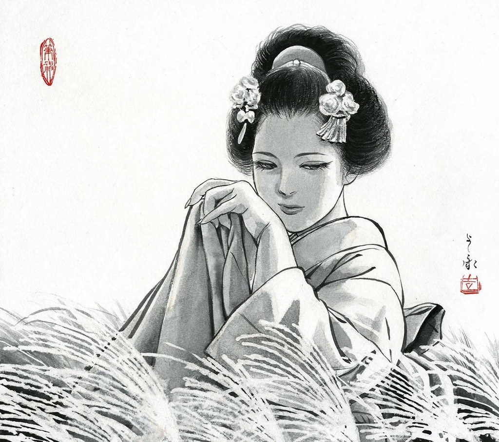 墨絵「秋風」 水墨画直筆素描 オリジナル1点 Ink Painting “Autumn Breeze” – Original Sumi-e Drawing (One-of-a-kind) 수묵화 「가을 바람」 – 수묵 드로잉 원화 (단 한 점)