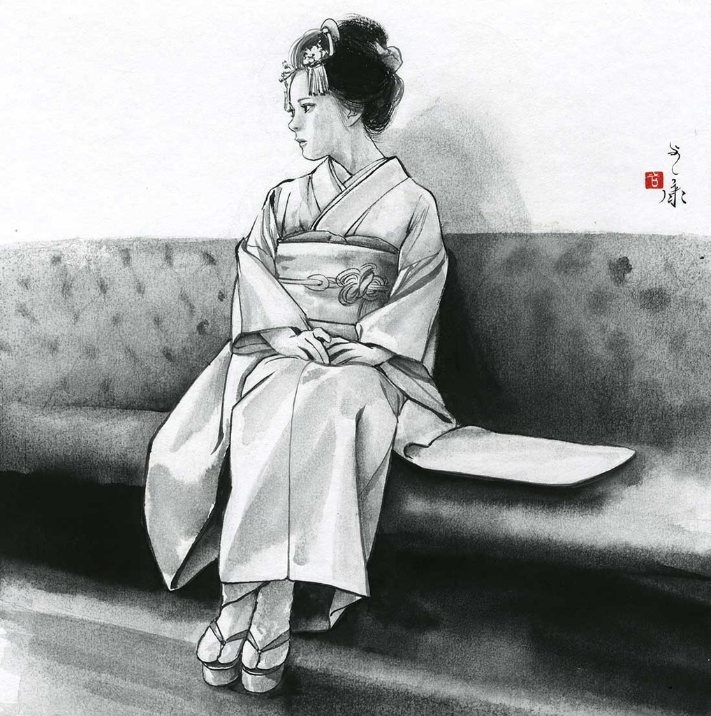 墨絵「来訪」 水墨画直筆素描 オリジナル1点 Ink Painting “Visitor” – Original Sumi-e Drawing (One-of-a-kind) 수묵화 「방문」 – 수묵 드로잉 원화 (단 한 점)