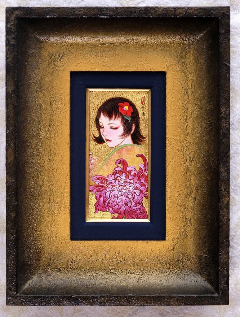 絵画「契花百菊」 ミニカンバスにアクリル・金箔 オリジナル1点 Painting “Keika Hyakukiku” – Acrylic and Gold Leaf on Mini Canvas – Original Work 회화 「계화백국(契花百菊)」 – 미니 캔버스에 아크릴・금박 – 오리지널 1점