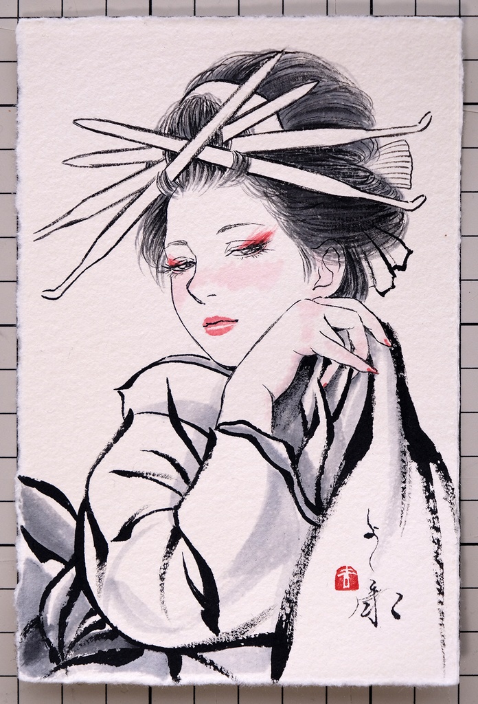 6枚限定 和紙葉書に奈良墨・イタリア水彩で手描きの年賀状 令和捌(八)年 額装無し