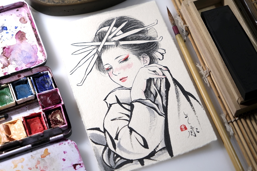 6枚限定　和紙葉書に奈良墨・イタリア水彩で手描きの年賀状　令和捌（八）年　額装無し