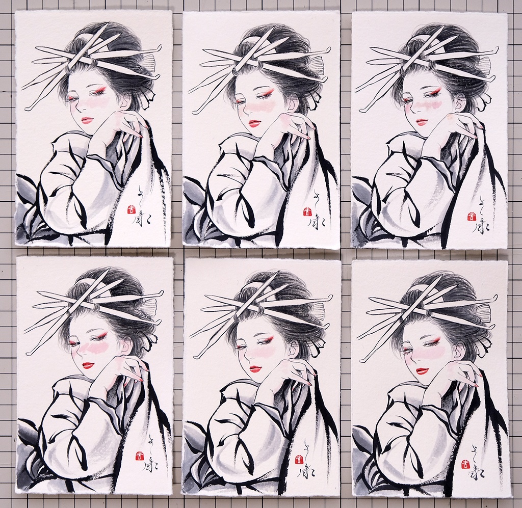 6枚限定 和紙葉書に奈良墨・イタリア水彩で手描きの年賀状 令和捌(八)年 額装無し