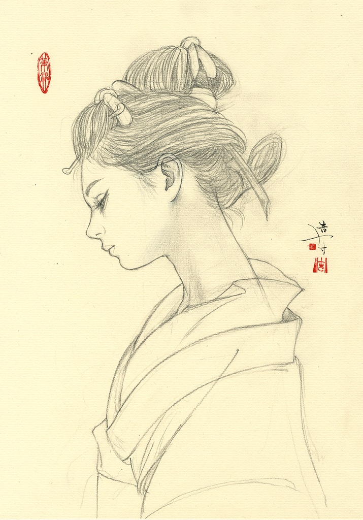 絵画「静声(しずかなこえ)」のための下絵 鉛筆線画直筆素描 オリジナル1点