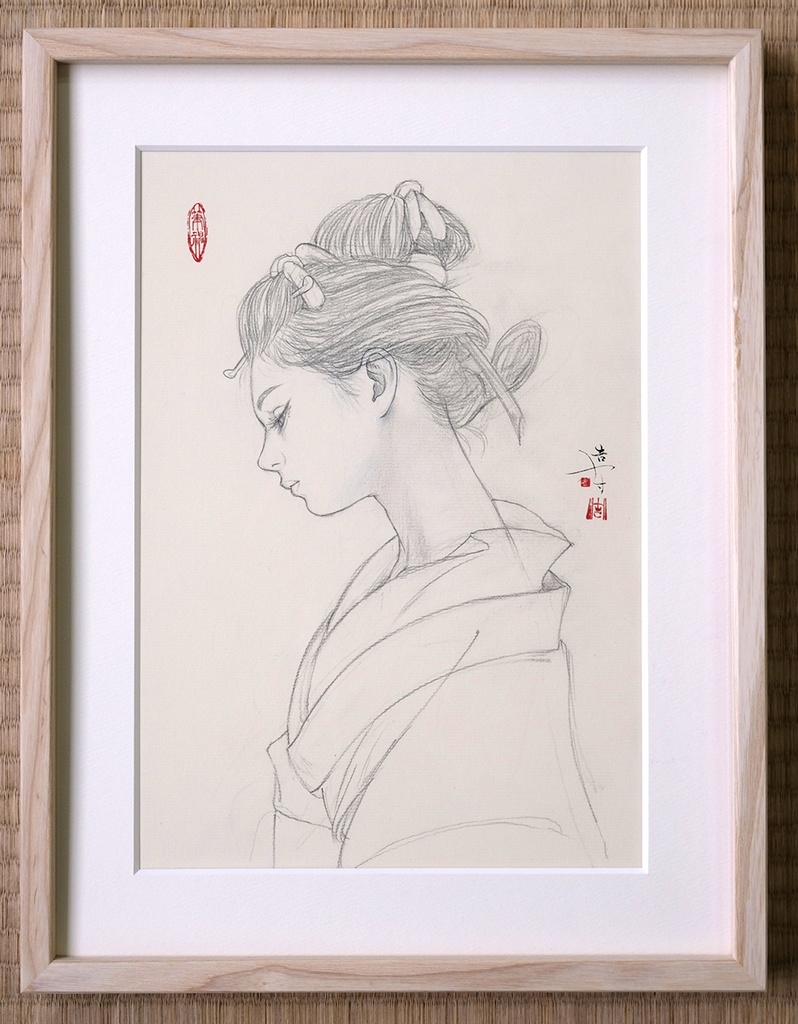 絵画「静声(しずかなこえ)」のための下絵 鉛筆線画直筆素描 オリジナル1点