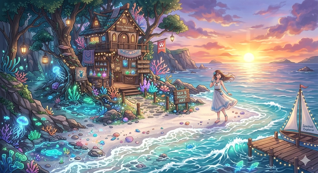 【背景素材】幻想的な海辺の魔法ショップ