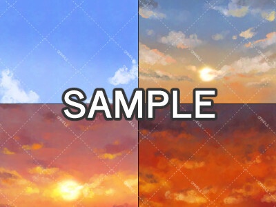 青空と沈みゆく夕日の背景イラスト