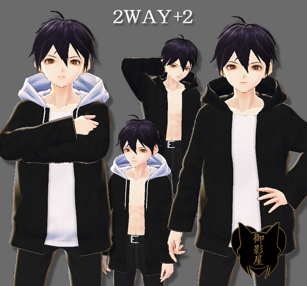 【Vroid texture】3色セット:2way+2 前開きパーカー / A set of 3 color : 2way+2 Full zip hoodie(男性用 / male)