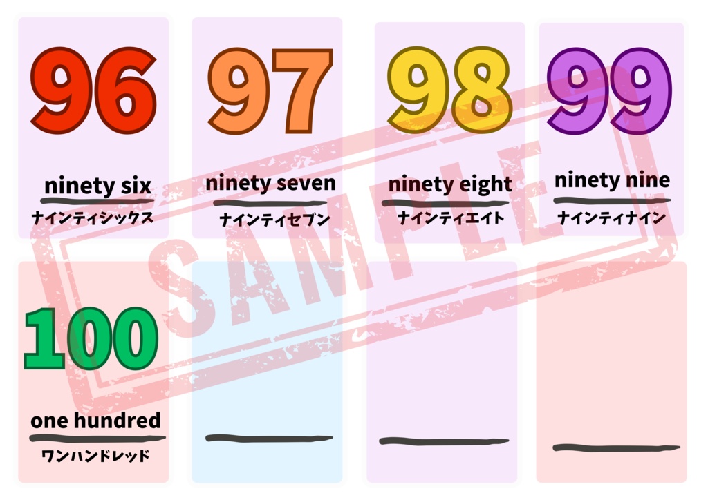 【PDF版】英単語(0~100までの数字の英単語と読み方)・おまけ4枚付き A4推奨 ※印刷してお使い下さい