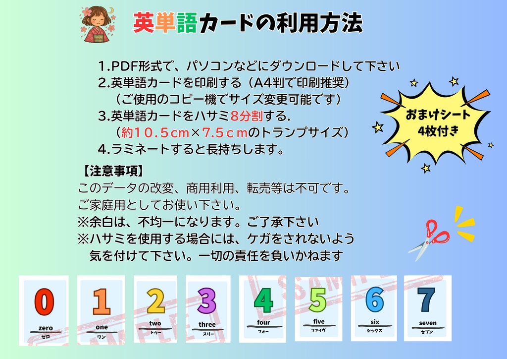 【PDF版】英単語(0~100までの数字の英単語と読み方)・おまけ4枚付き A4推奨 ※印刷してお使い下さい