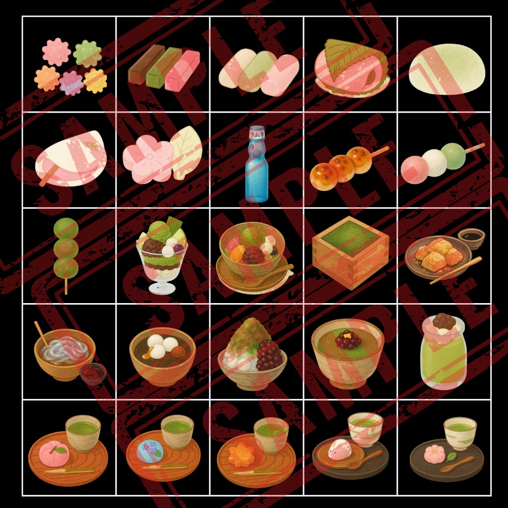Japanese Sweets 和菓子風 イラスト素材(PNG/背景透過済) 100個