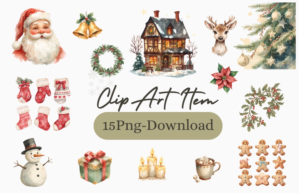 アンティークタッチの水彩クリスマス15PNGコレクション