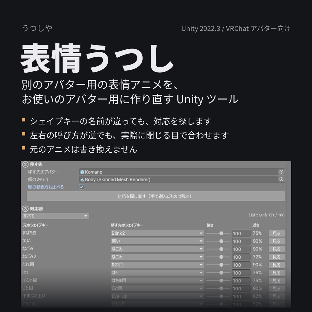 【VRChat】別のアバター用の表情アニメを、自分のアバター用に作り直すツール『表情うつし』
