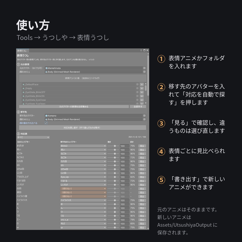 【VRChat】別のアバター用の表情アニメを、自分のアバター用に作り直すツール『表情うつし』