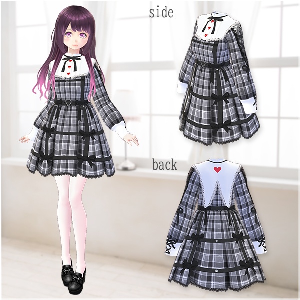 【Vroid βver】第2弾ワンピース(チェック柄グレー)ベルトSET【テクスチャ】