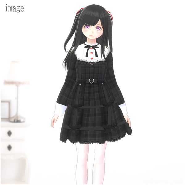 【Vroid βver】第2弾ワンピース(チェック柄ブラック)ベルトSET【テクスチャ】