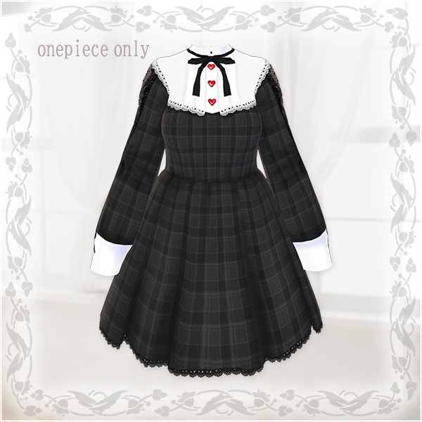 【Vroid βver】第2弾ワンピース(チェック柄ブラック)ベルトSET【テクスチャ】