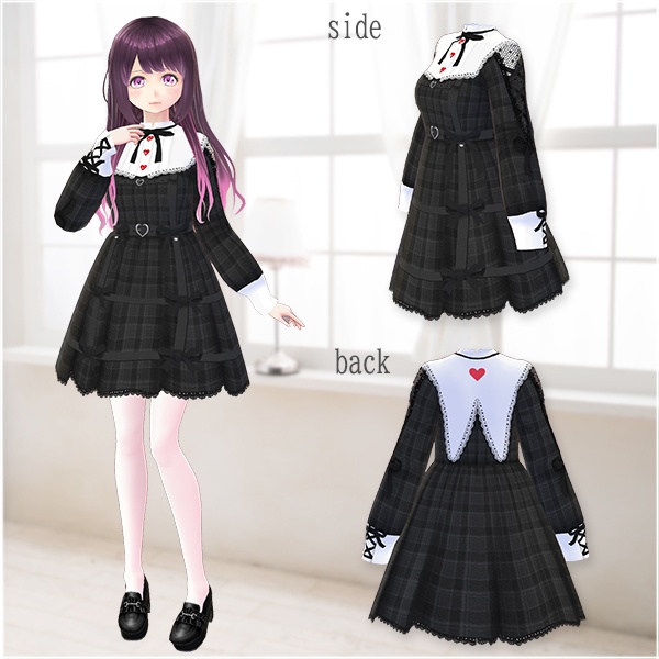 【Vroid βver】第2弾ワンピース(チェック柄ブラック)ベルトSET【テクスチャ】