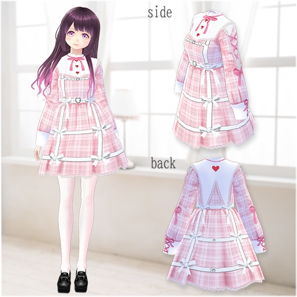 【Vroid βver】第2弾ワンピース(チェック柄ピンク)ベルトSET【テクスチャ】