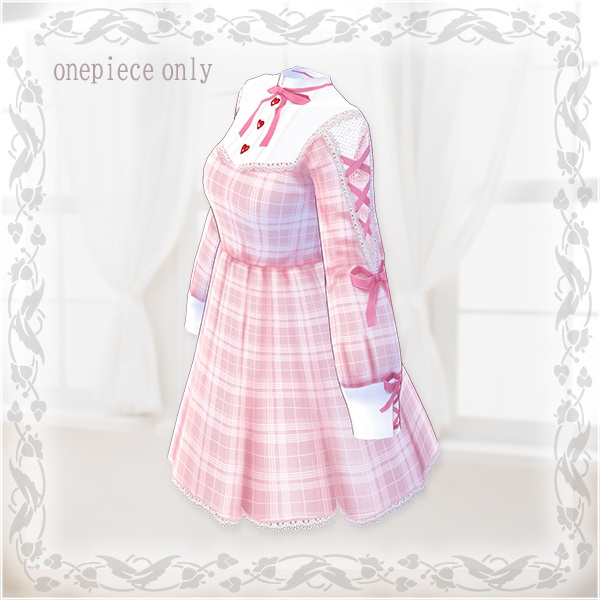 【Vroid βver】第2弾ワンピース(チェック柄ピンク)ベルトSET【テクスチャ】
