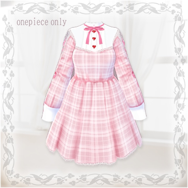 【Vroid βver】第2弾ワンピース(チェック柄ピンク)ベルトSET【テクスチャ】