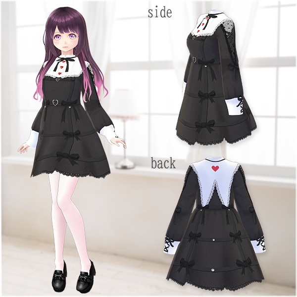 【Vroid βver】第2弾ワンピース(ブラック無地)ベルトSET【テクスチャ】