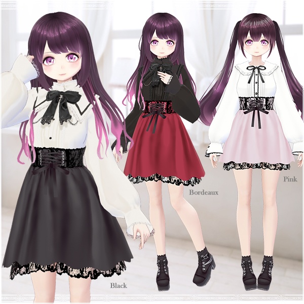 【VRoid用】コルセット風フリルレースアップスカート(ミニ&膝上セット)