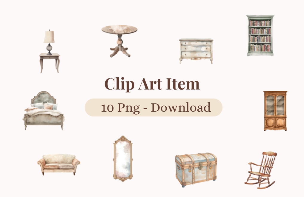 アンティーク家具の水彩画クリップアートセット(全10種) - Watercolor Antique Furniture Clipart Set (10 items) -