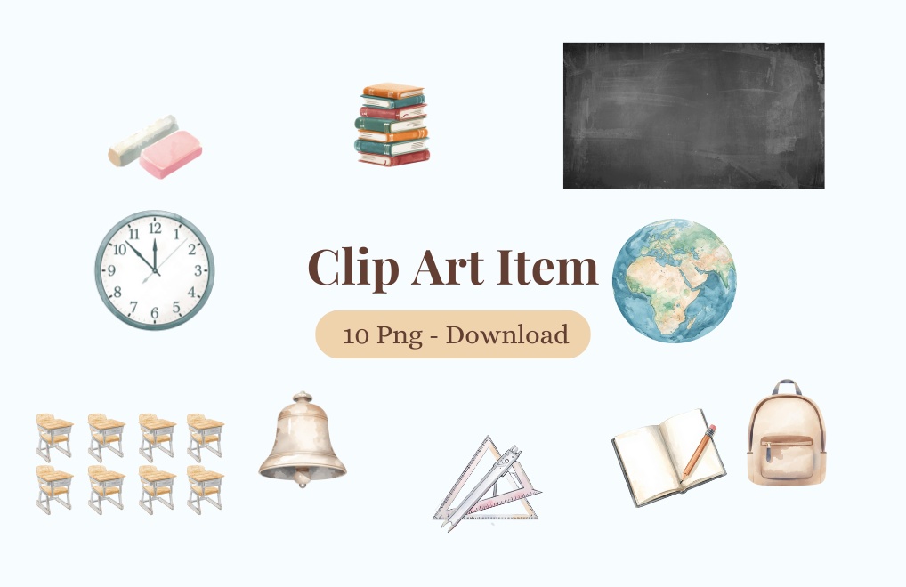 水彩画風 学校アイテム クリップアートセット｜レトロな教室グッズ（透過PNG 全10点） -Watercolor School Supplies Clipart Set | Retro Classroom Items (10 PNGs, Transparent Background) -