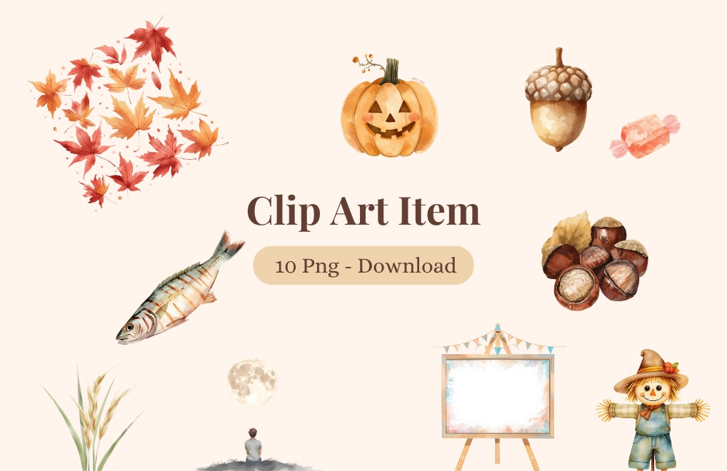 秋の水彩クリップアートセット｜紅葉・季節のアイテム10点（透過PNG）