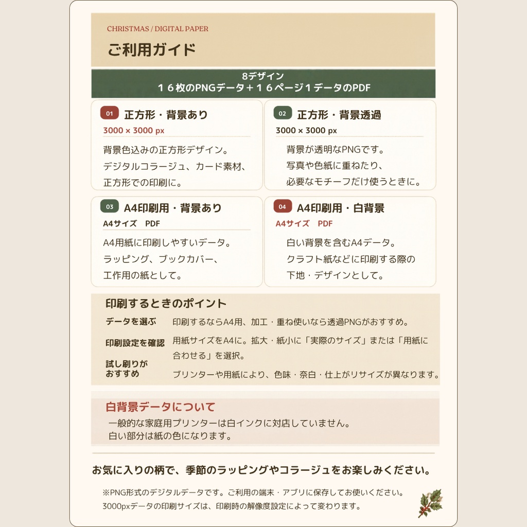 クリスマス デザインペーパー|ヴィンテージ風・全8柄16枚|PNG・A4 PDF