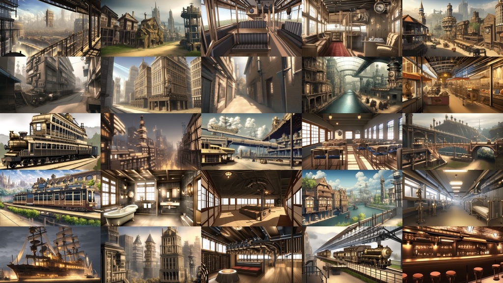 【アニメ調のスチームパンク背景】著作権フリーの高解像度画像(100枚)