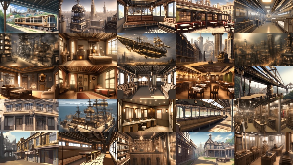 【アニメ調のスチームパンク背景】著作権フリーの高解像度画像(100枚)