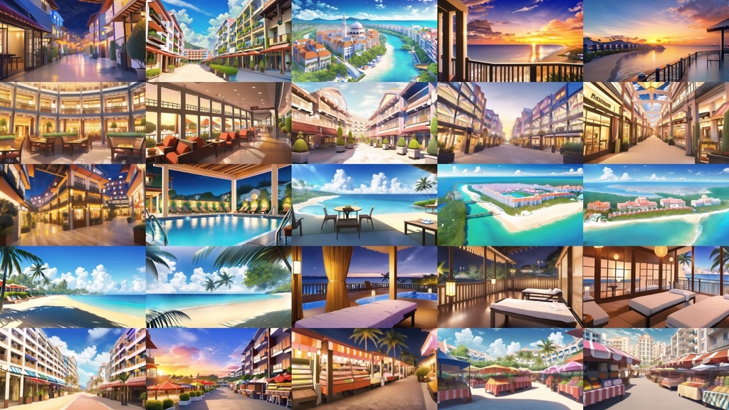 【アニメ調のリゾート系背景】著作権フリーの高解像度画像(100枚)