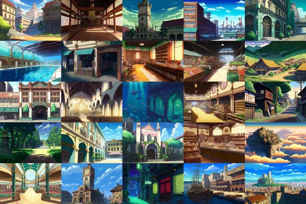 【アニメ映画風の街や施設の背景】著作権フリーの高解像度画像(100枚)