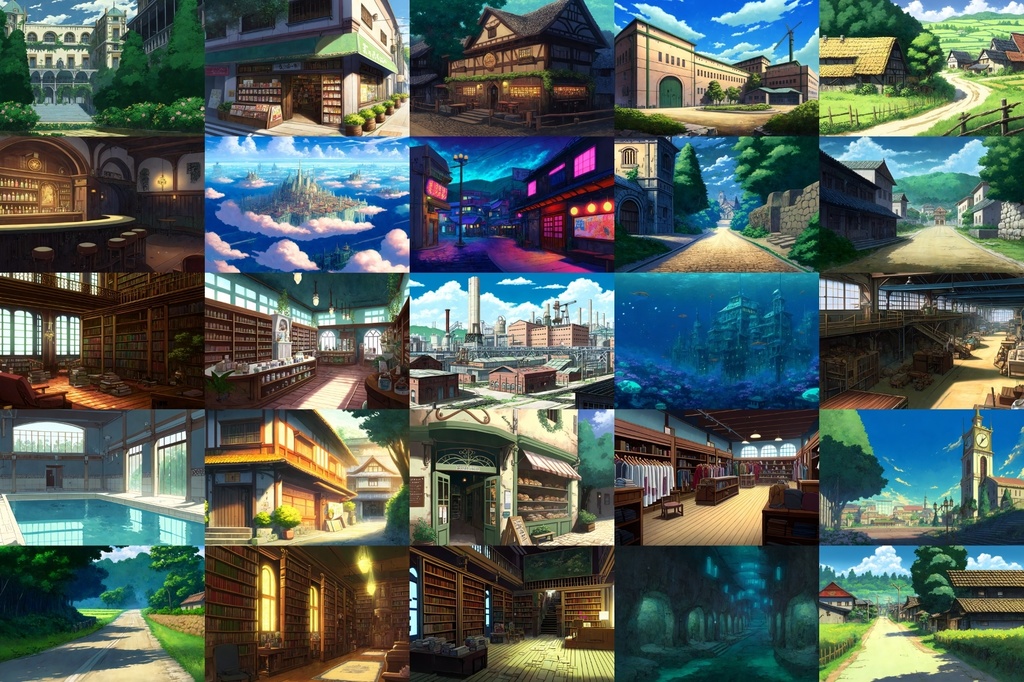 【アニメ映画風の街や施設の背景】著作権フリーの高解像度画像(100枚)